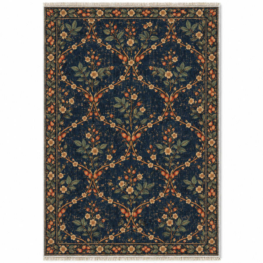 Rosehip Espalier Midnight & Melon Distressed Washable Rug