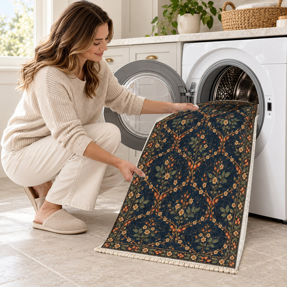 Rosehip Espalier Midnight & Melon washable rug being loaded into a washing machine