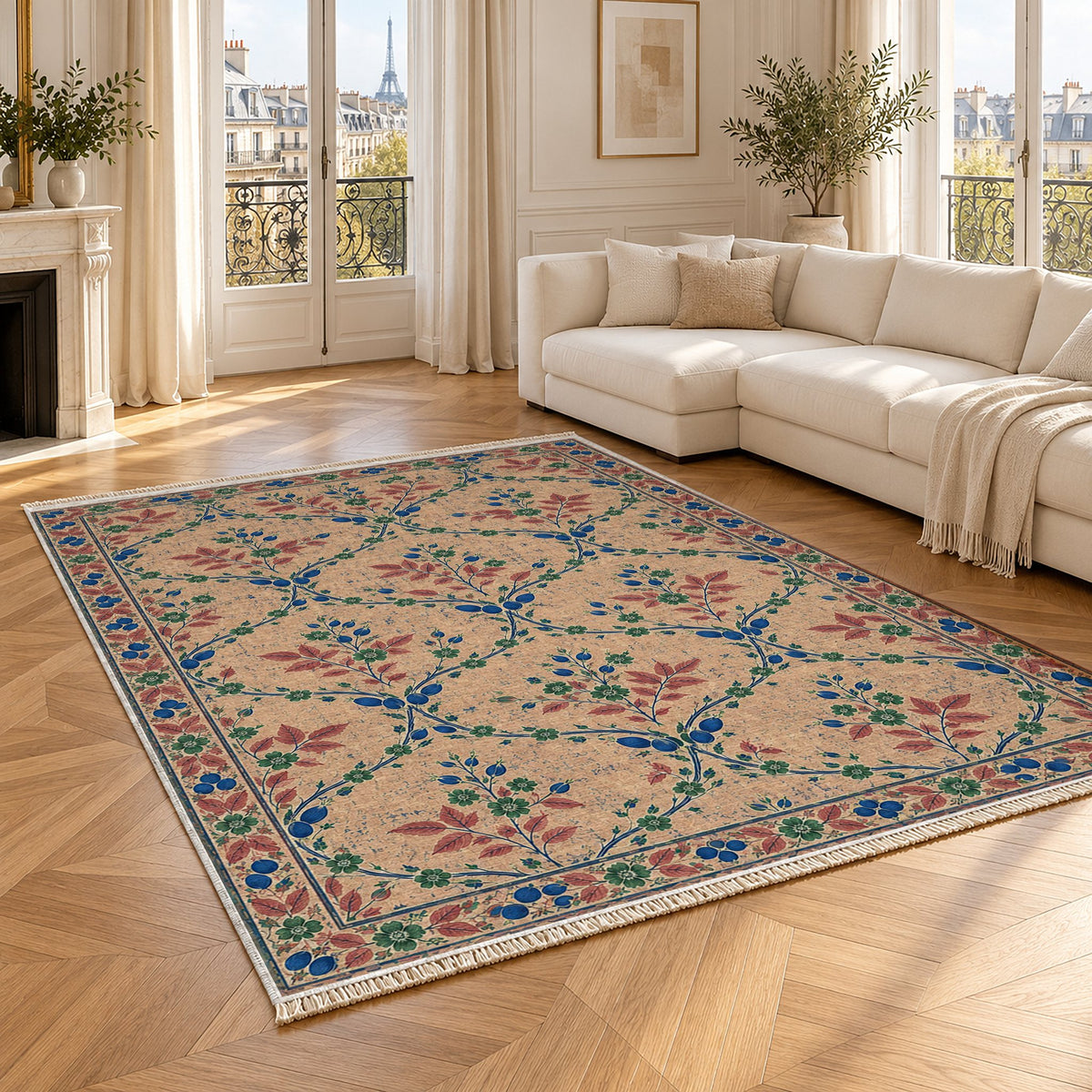 Rosehip Espalier Peach, Cobalt & Jade washable rug angled room view