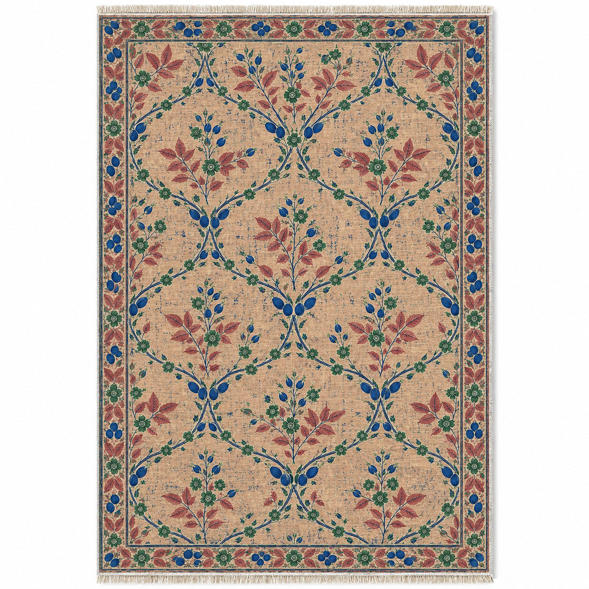 Rosehip Espalier Peach, Cobalt & Jade washable rug top view