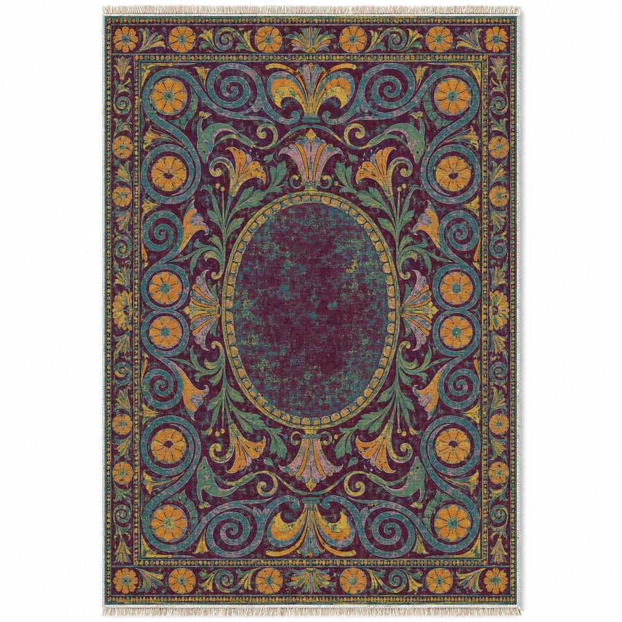 Rosette Terrace Burgundy & Teal Mediterranean Washable Rug