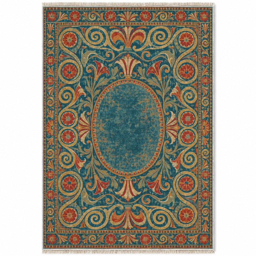 Rosette Terrace Peacock & Ochre Mediterranean Washable Rug