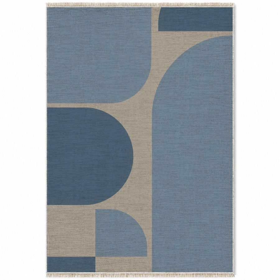 Rounded Blocks Greige & Dusty Blue Organic Washable Rug