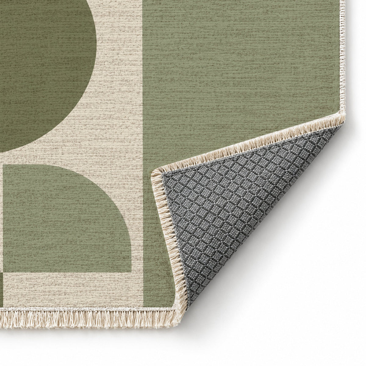 Rounded Blocks Ivory & Sage washable rug folded corner showing the backing