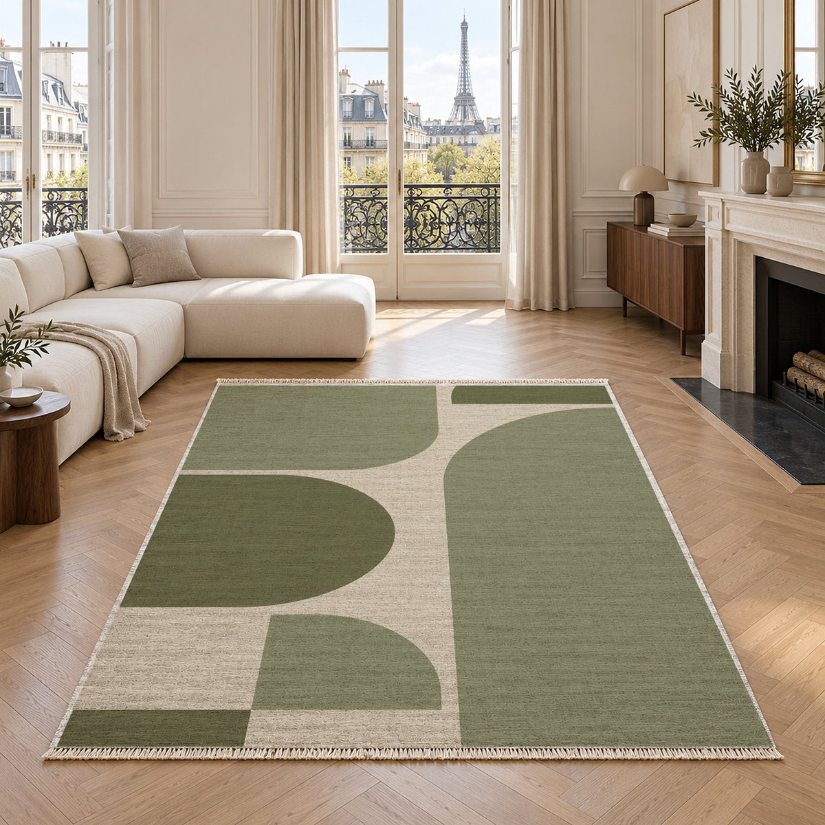 Rounded Blocks Ivory & Sage washable rug in a living room with an Eiffel Tower view