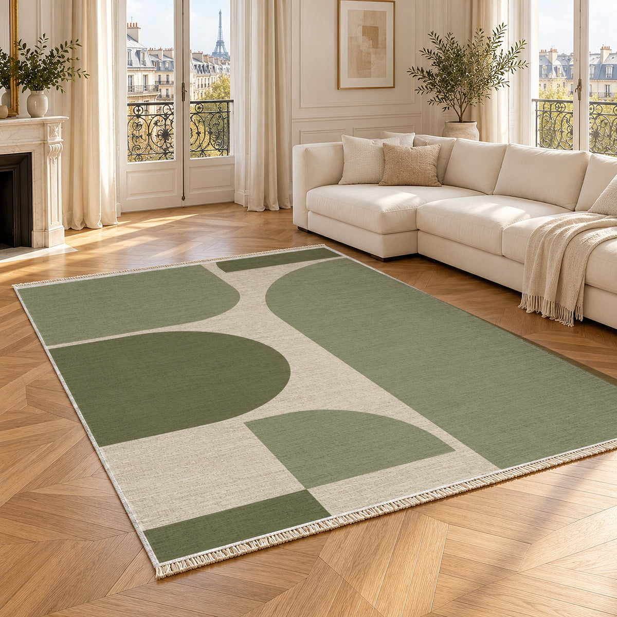 Rounded Blocks Ivory & Sage washable rug angled room view