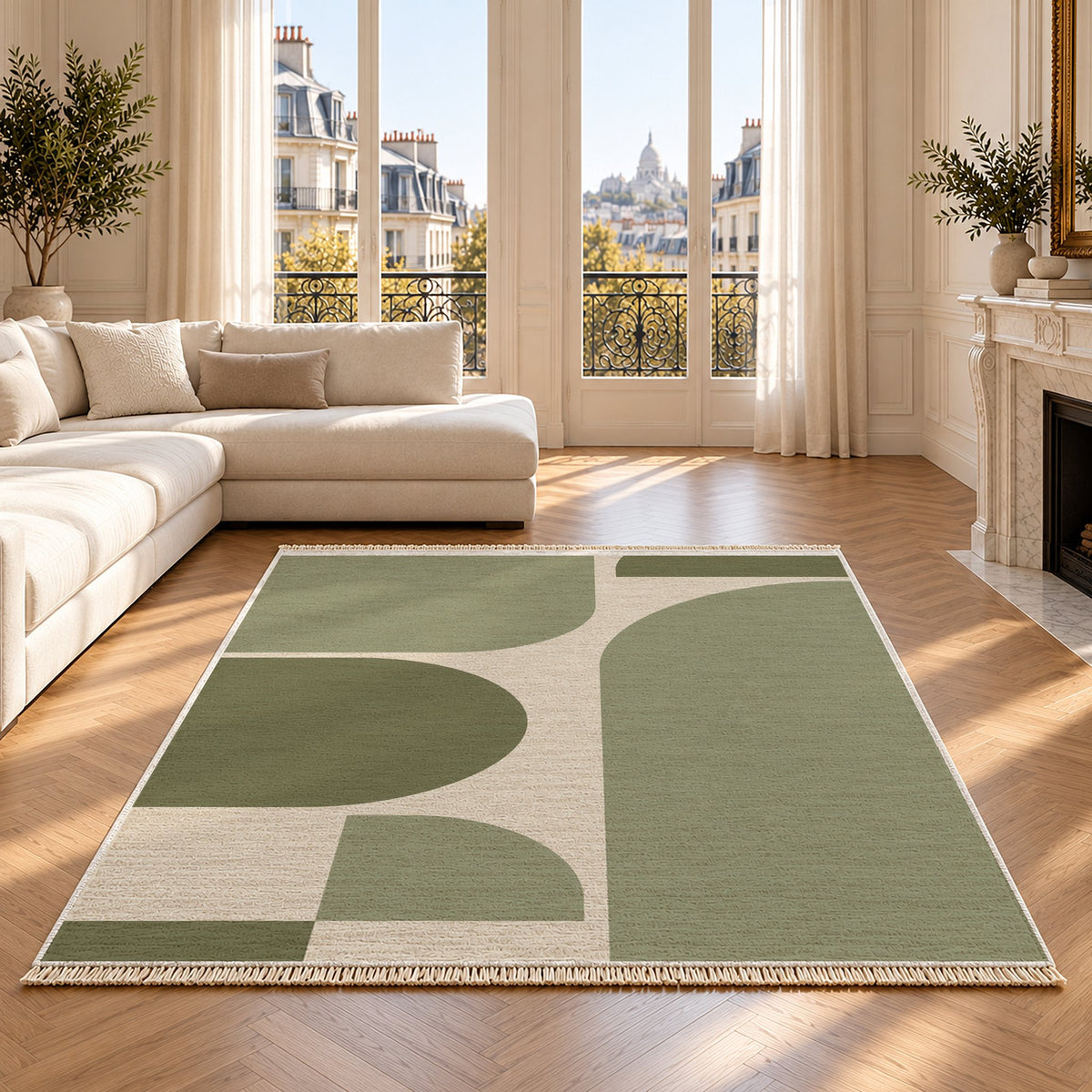Rounded Blocks Ivory & Sage washable rug on an oak floor