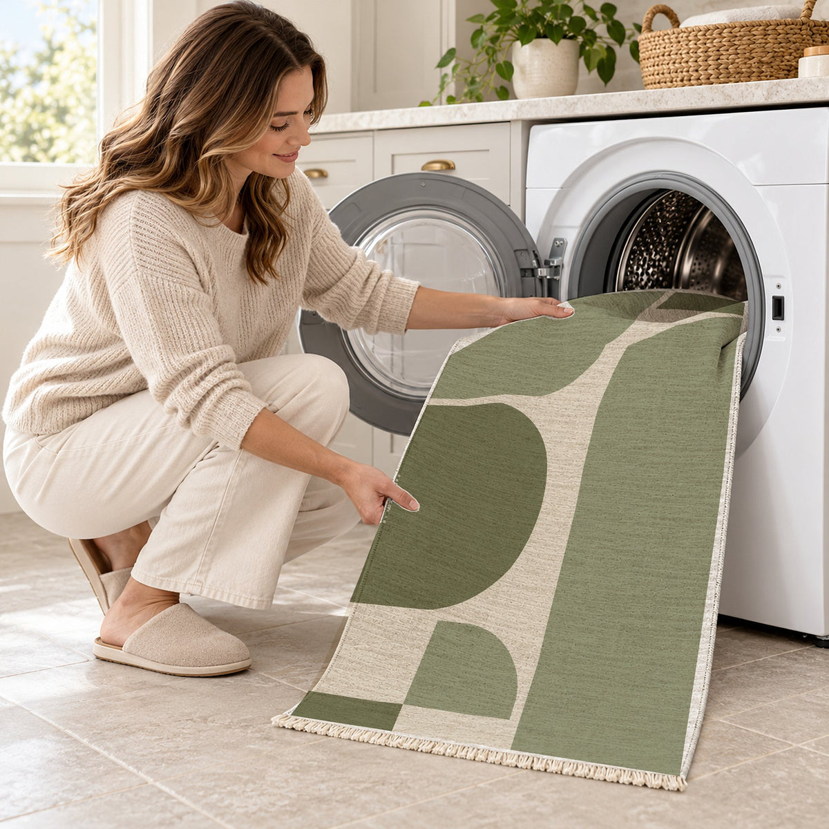 Rounded Blocks Ivory & Sage washable rug being loaded into a washing machine