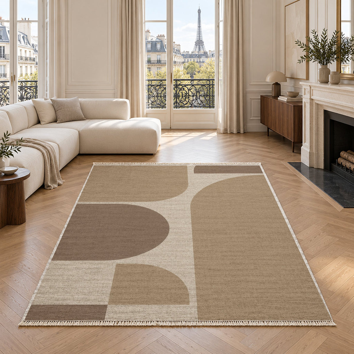 Rounded Blocks Ivory & Sand washable rug in a living room with an Eiffel Tower view