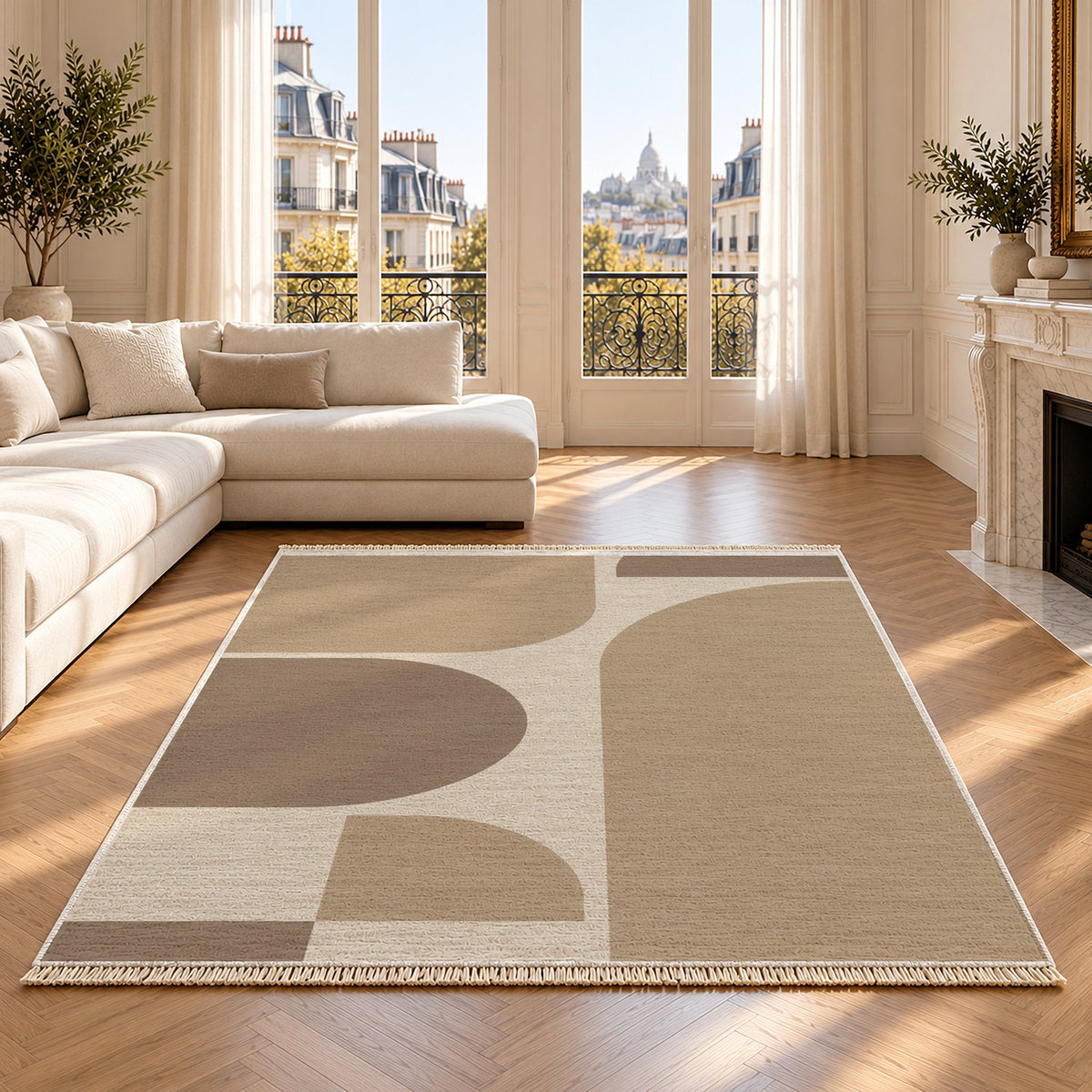 Rounded Blocks Ivory & Sand washable rug on an oak floor