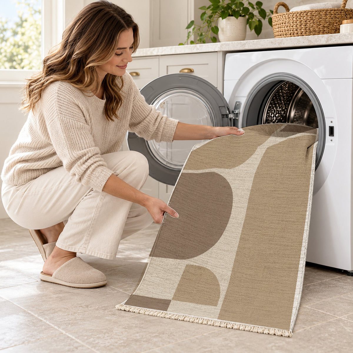 Rounded Blocks Ivory & Sand washable rug being loaded into a washing machine