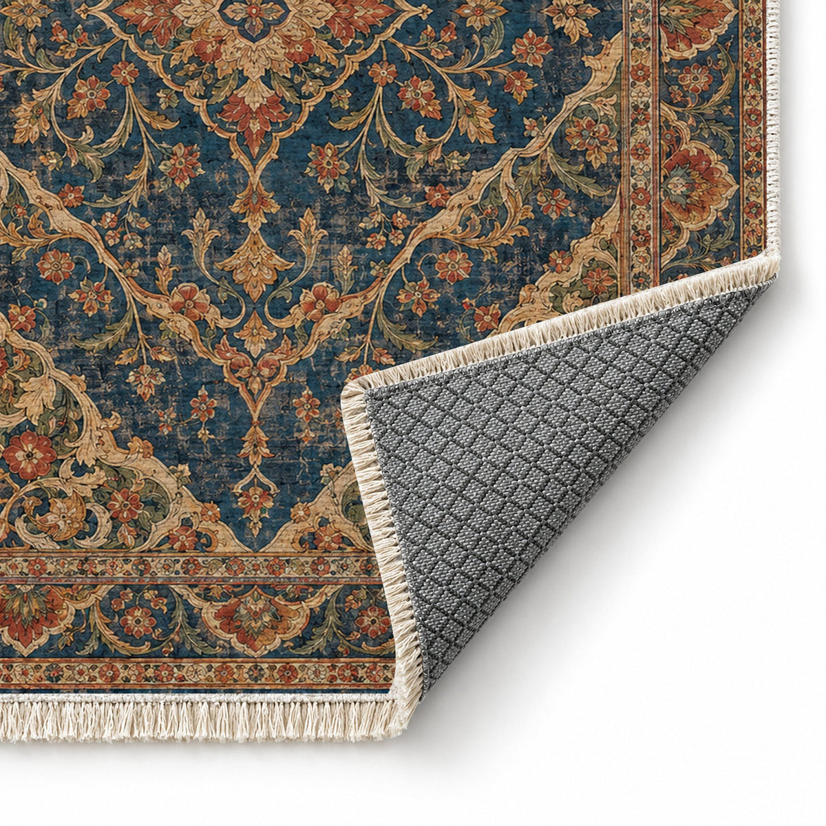Royal Garden Lace Indigo & Rust washable rug folded corner showing the backing