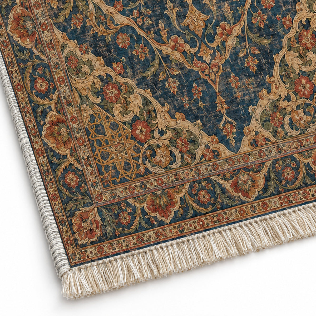 Royal Garden Lace Indigo & Rust washable rug close-up of the printed chenille