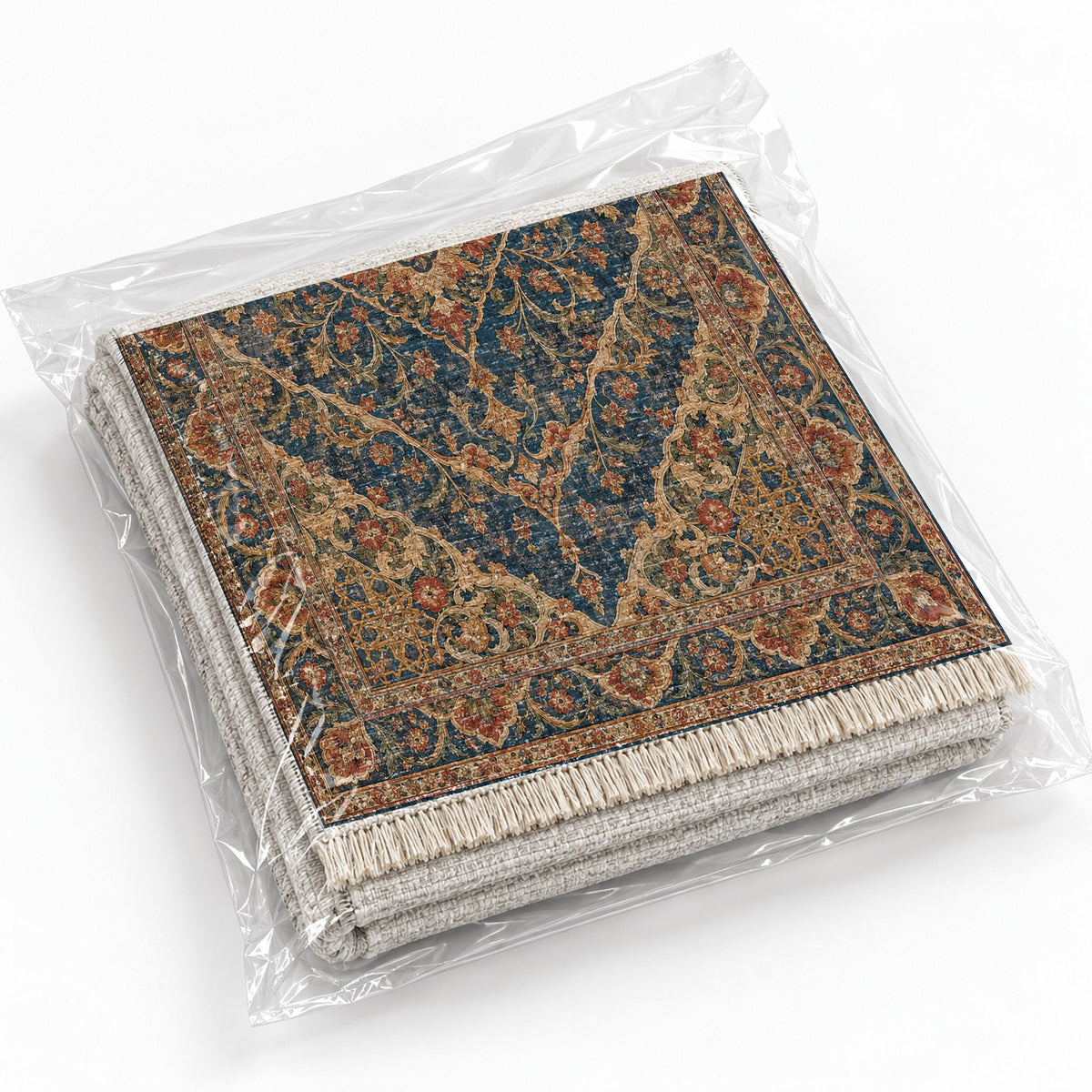 Royal Garden Lace Indigo & Rust washable rug rolled and packaged