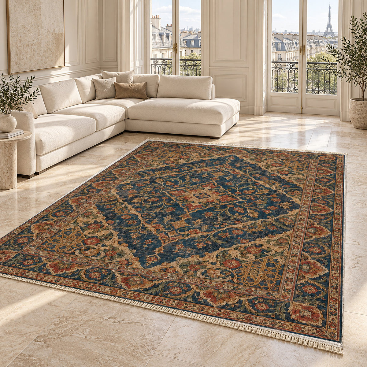 Royal Garden Lace Indigo & Rust washable rug angled room view on marble