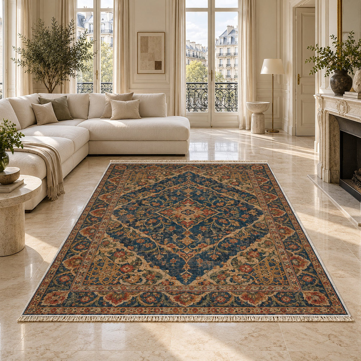 Royal Garden Lace Indigo & Rust washable rug on a marble floor