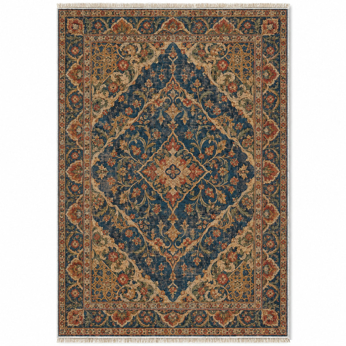 Royal Garden Lace Indigo & Rust washable rug top view