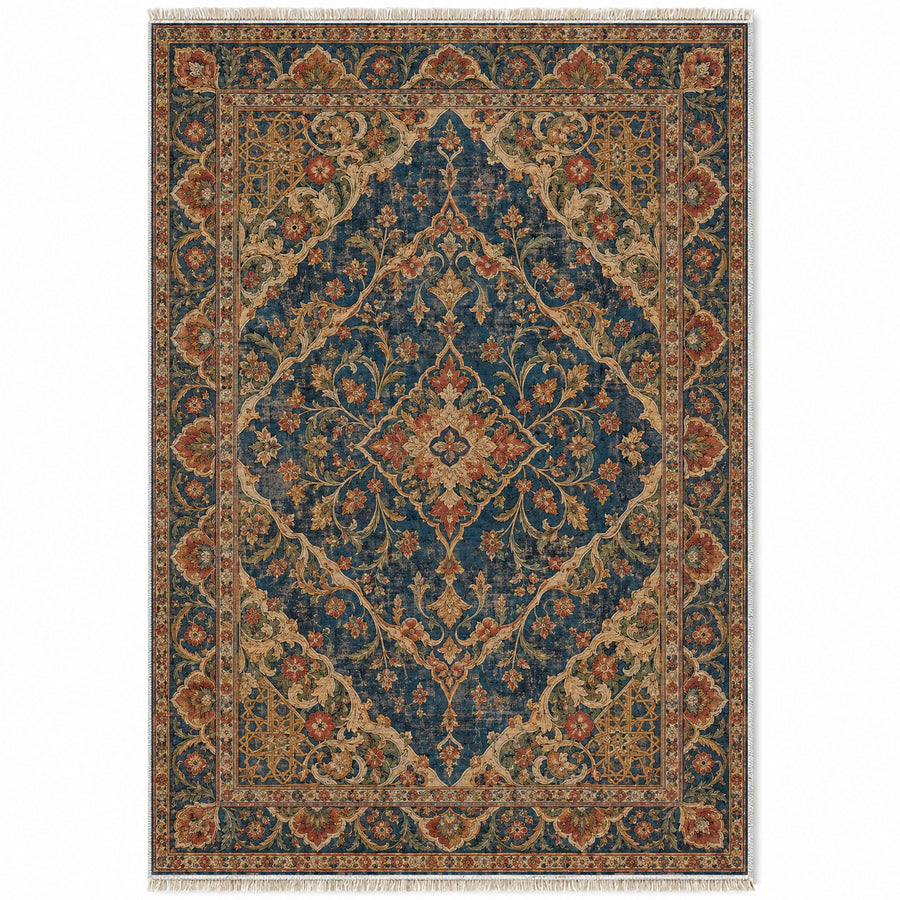 Royal Garden Lace Indigo & Rust Moorish Washable Rug