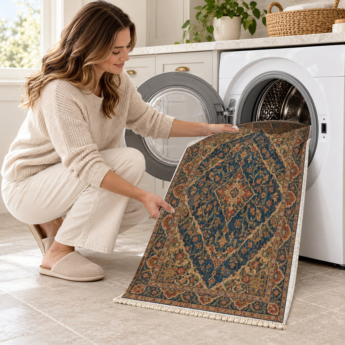 Royal Garden Lace Indigo & Rust washable rug being loaded into a washing machine