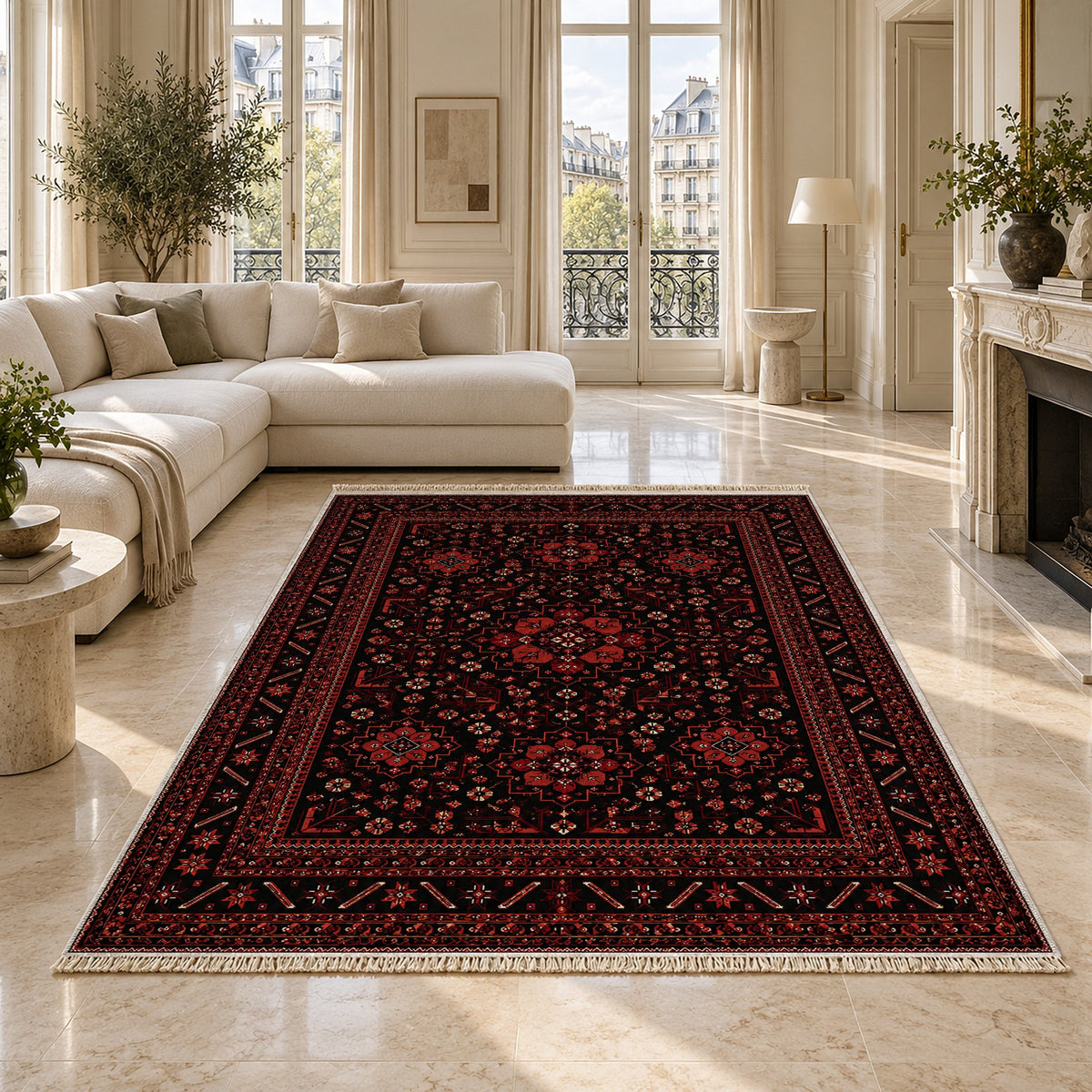 Royal Gul Black washable rug on a marble floor