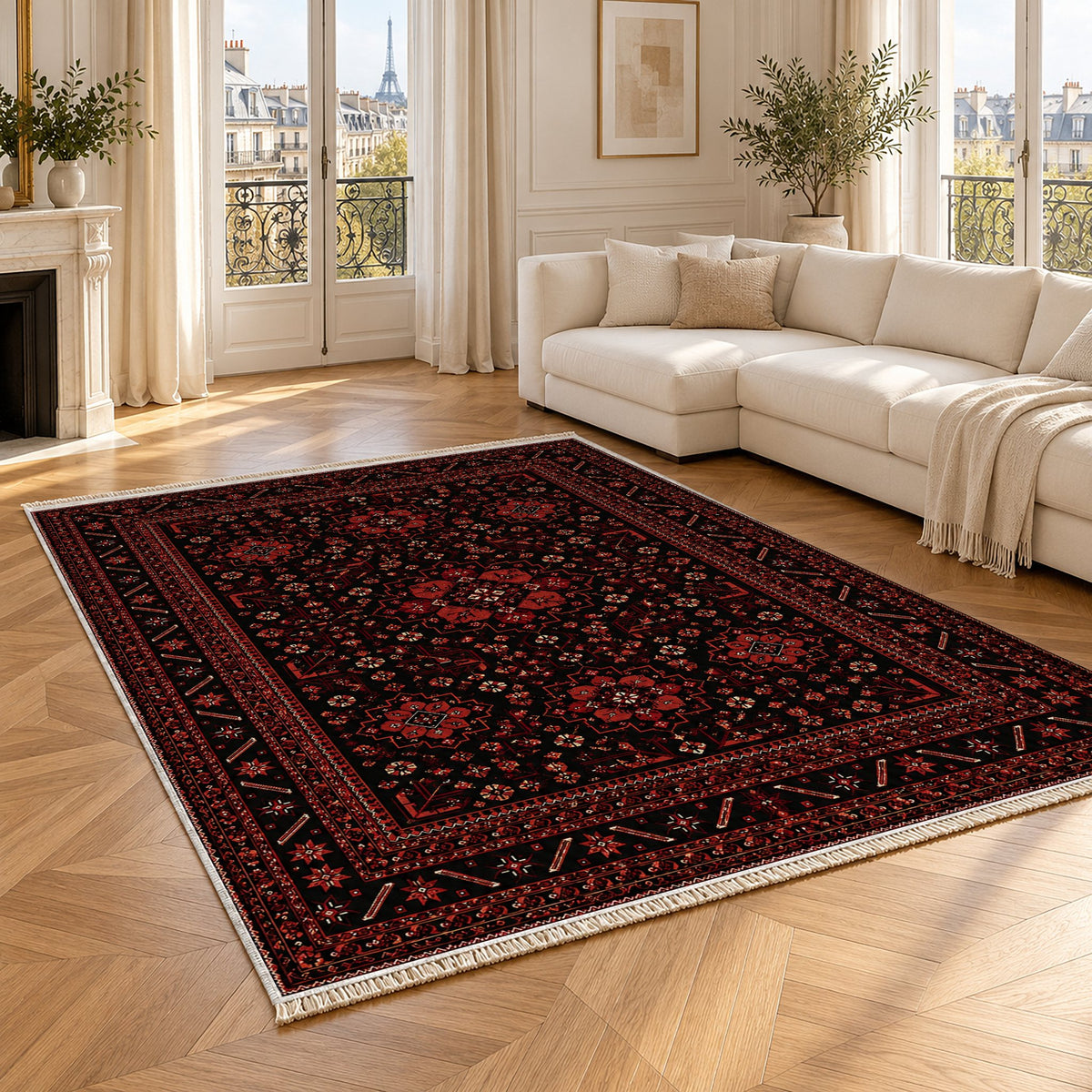Royal Gul Black washable rug angled room view