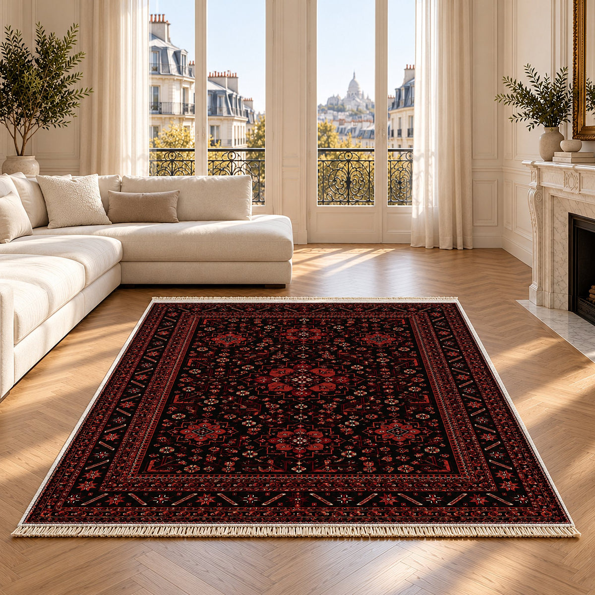 Royal Gul Black washable rug on an oak floor