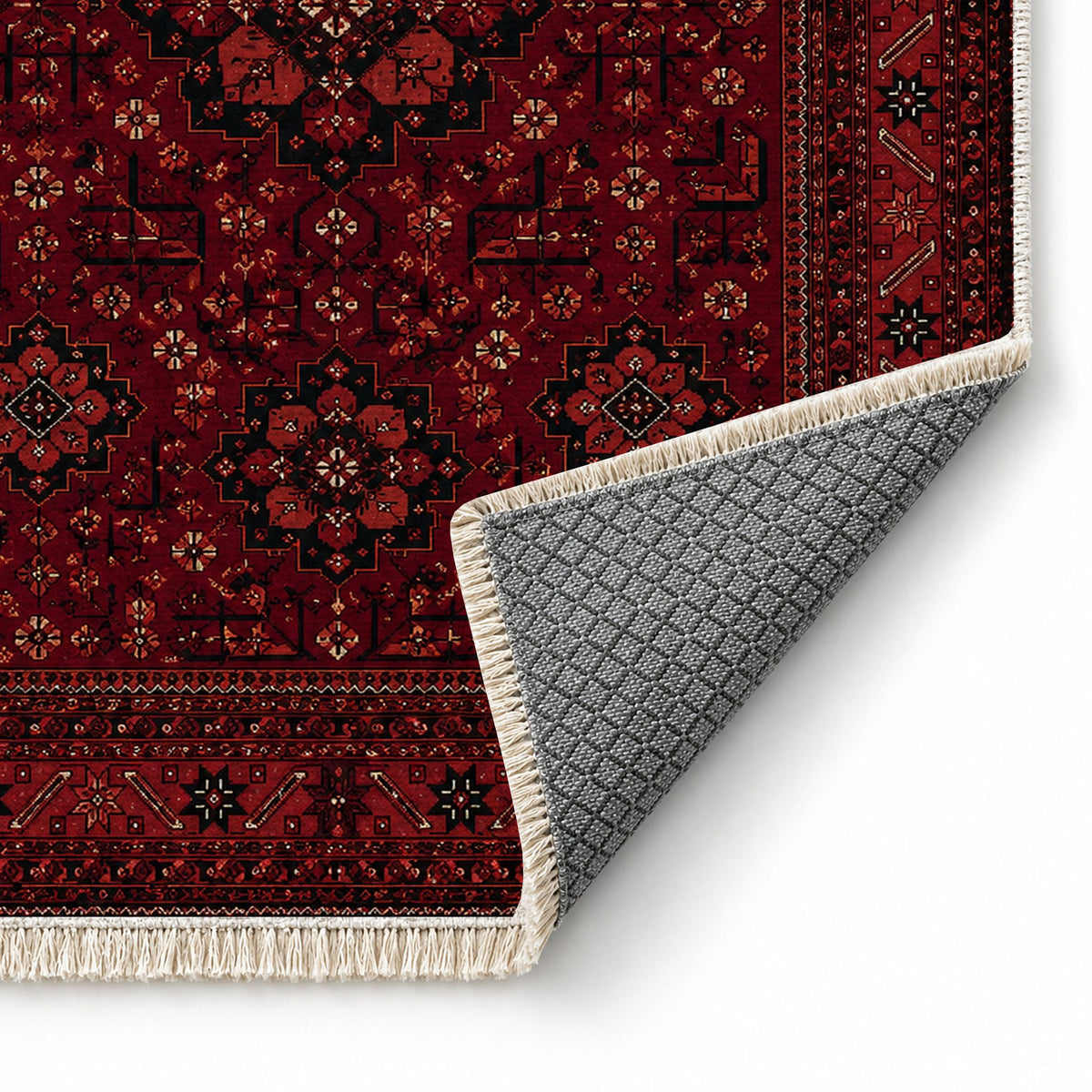 Royal Gul Burgundy washable rug folded corner showing the backing