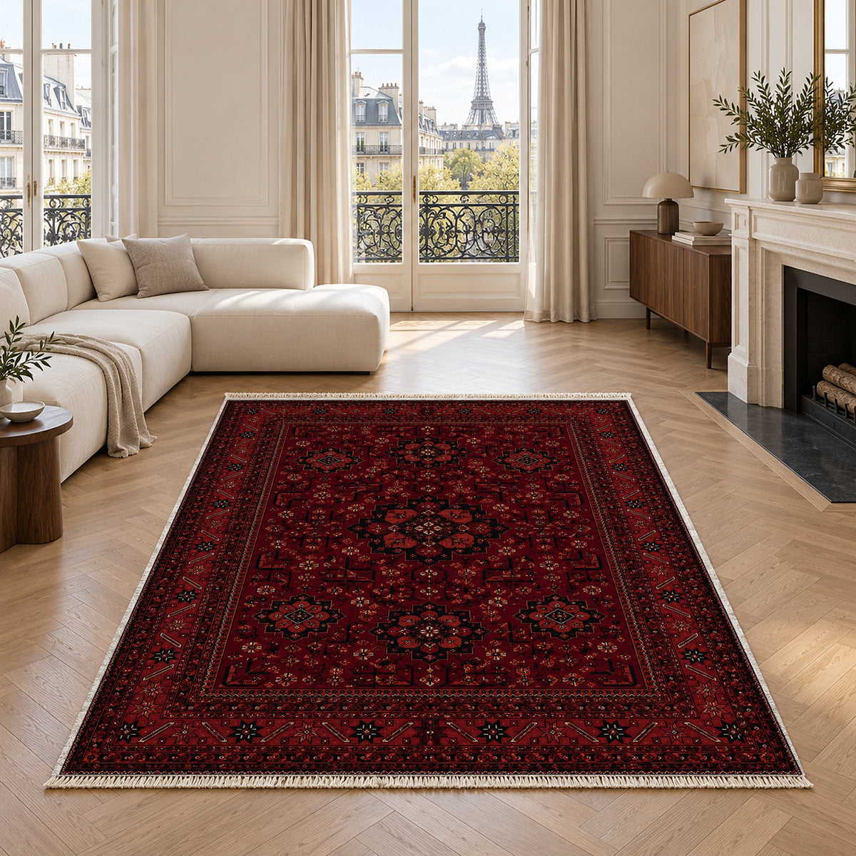 Royal Gul Burgundy washable rug in a living room with an Eiffel Tower view