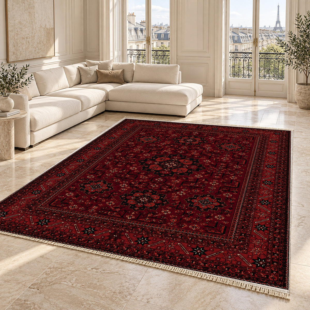 Royal Gul Burgundy washable rug angled room view on marble