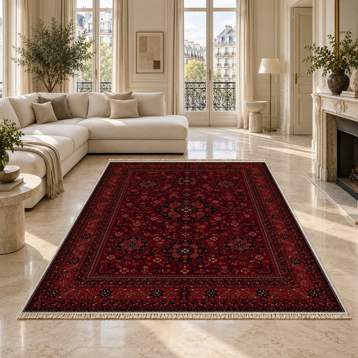 Royal Gul Burgundy washable rug on a marble floor