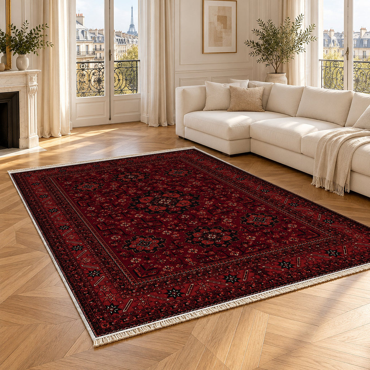 Royal Gul Burgundy washable rug angled room view