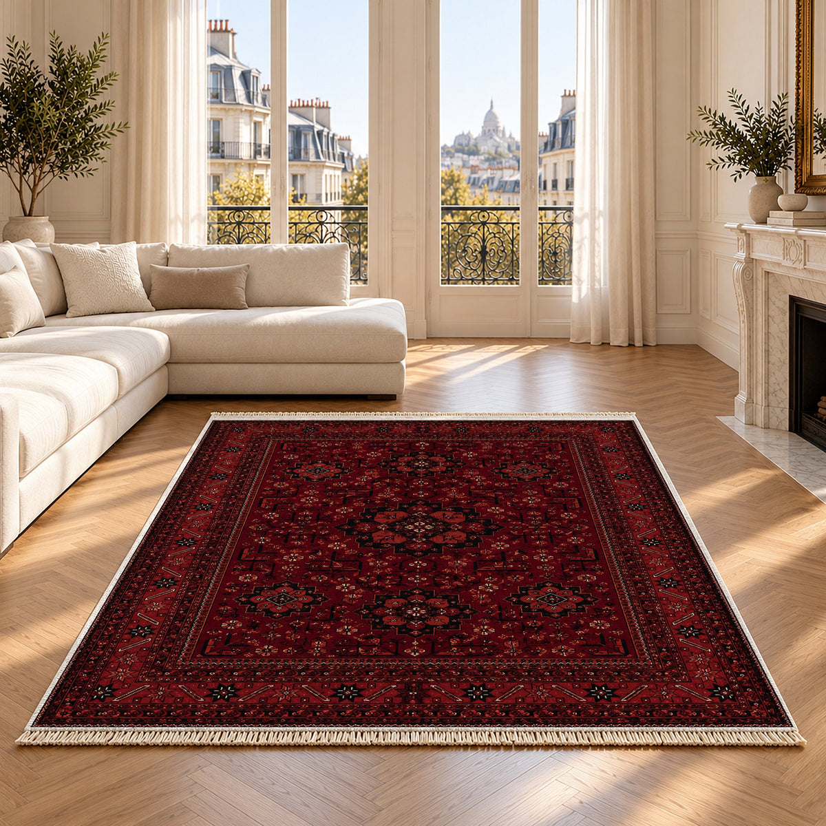 Royal Gul Burgundy washable rug on an oak floor
