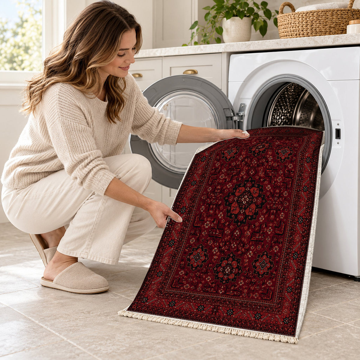 Royal Gul Burgundy washable rug being loaded into a washing machine