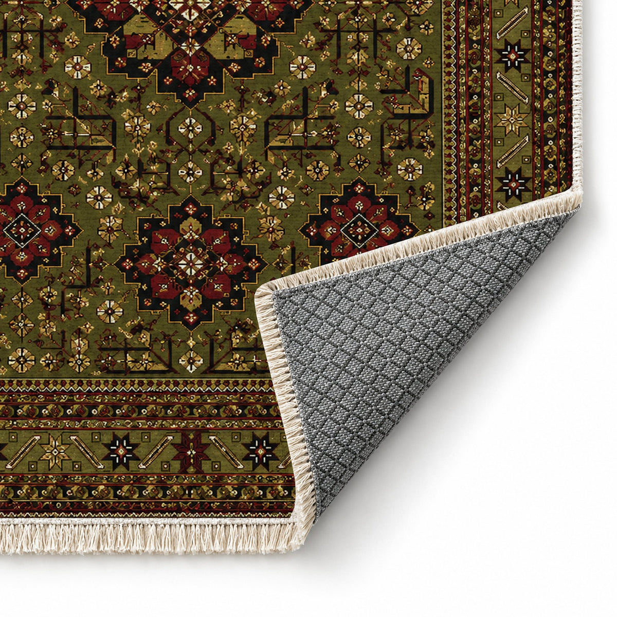 Royal Gul Olive Green washable rug folded corner showing the backing