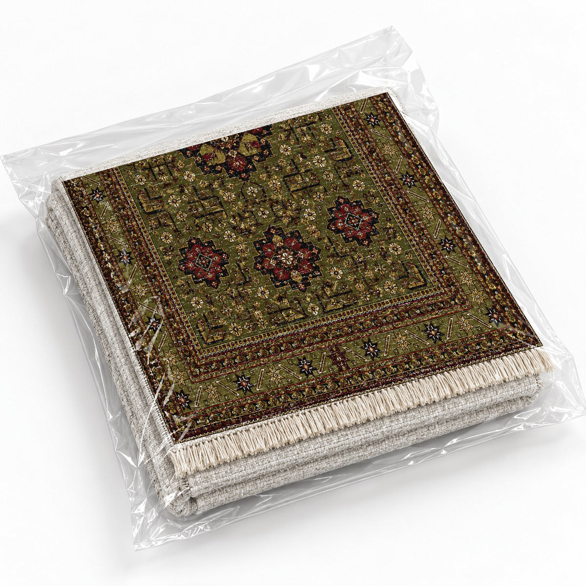 Royal Gul Olive Green washable rug rolled and packaged