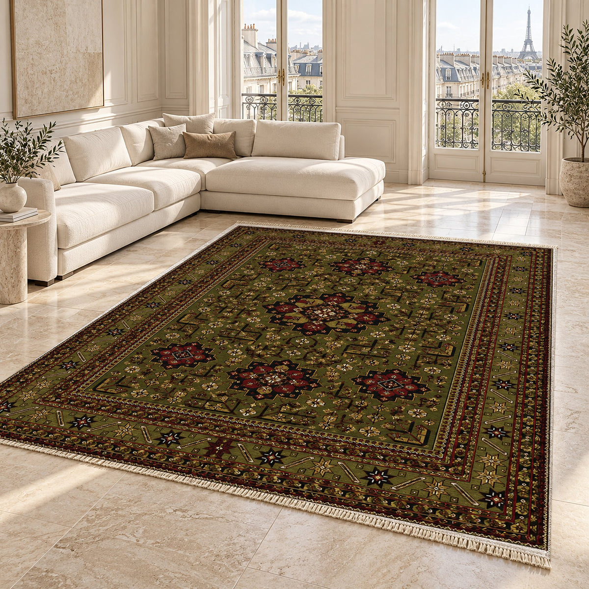 Royal Gul Olive Green washable rug angled room view on marble