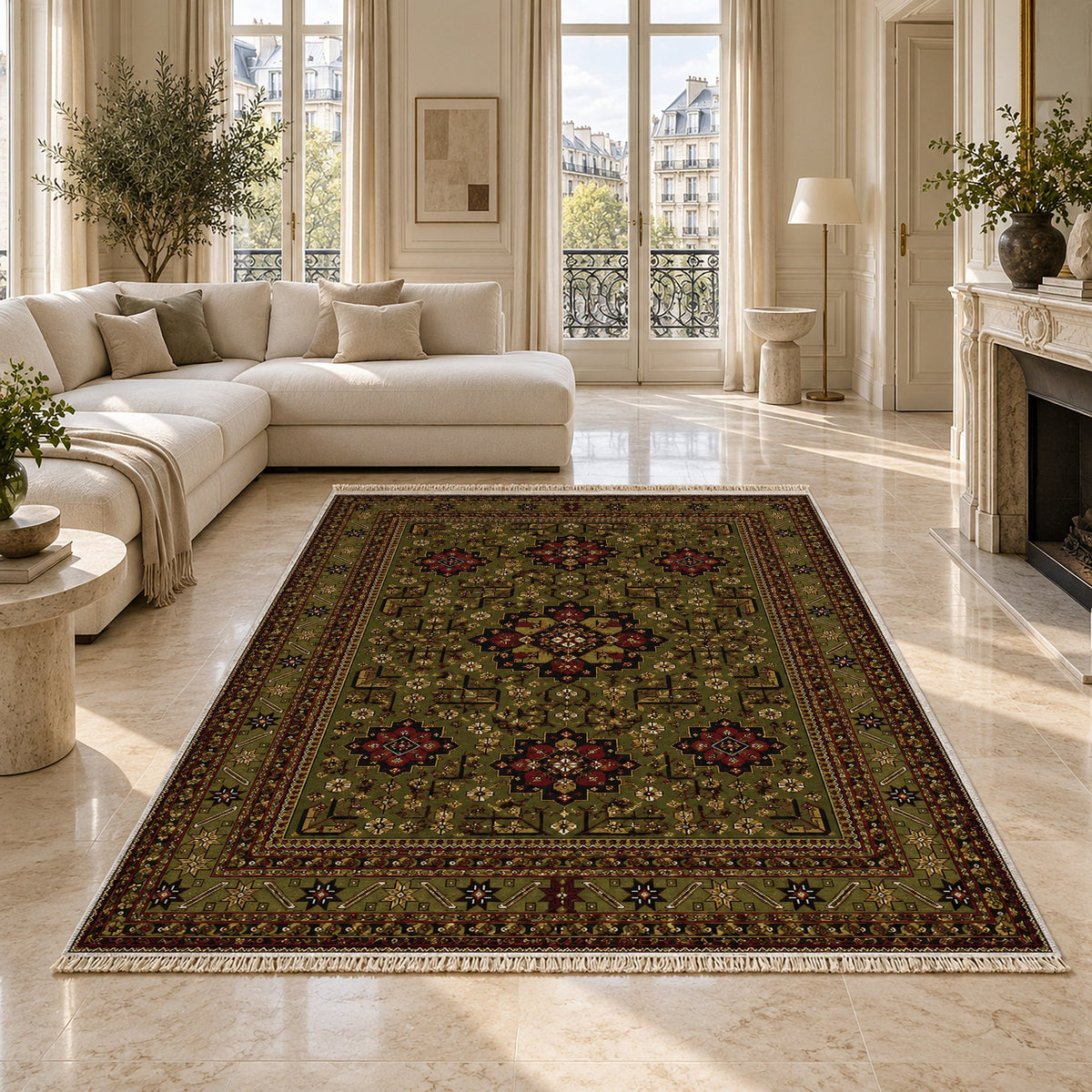 Royal Gul Olive Green washable rug on a marble floor