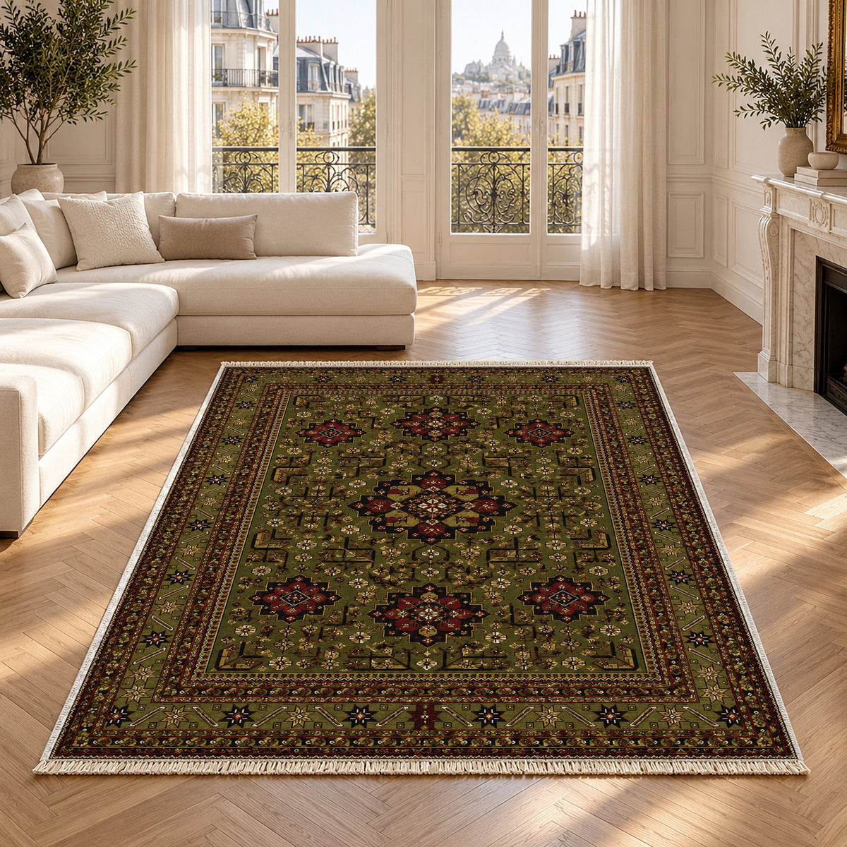 Royal Gul Olive Green washable rug in a Paris living room