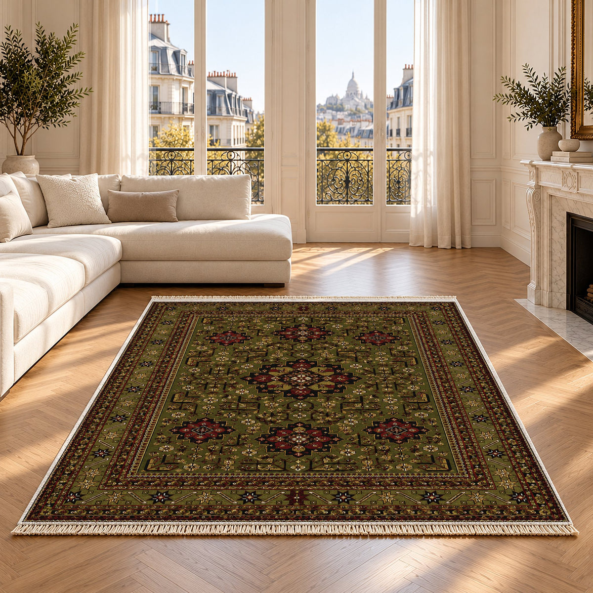 Royal Gul Olive Green washable rug on an oak floor