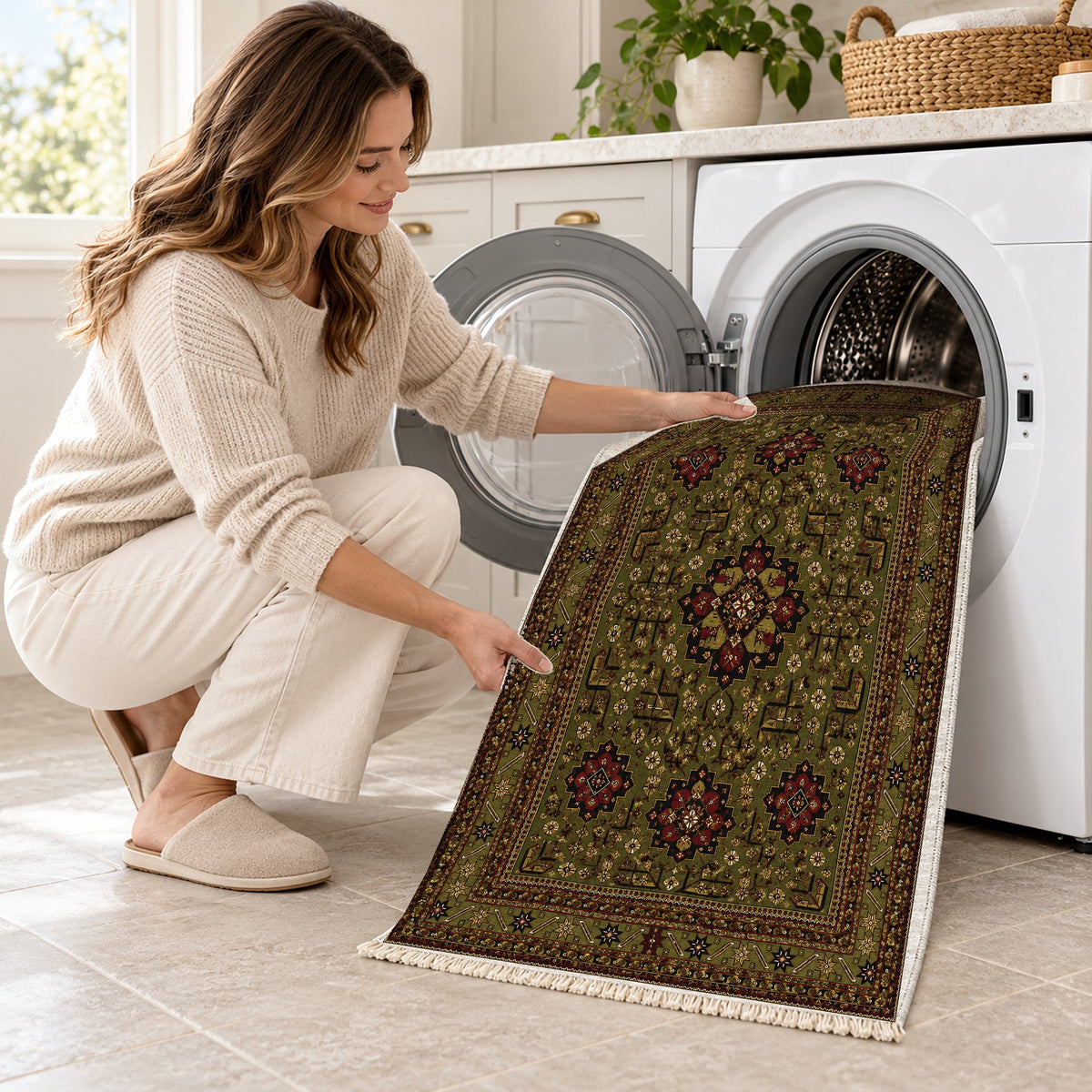 Royal Gul Olive Green washable rug being loaded into a washing machine