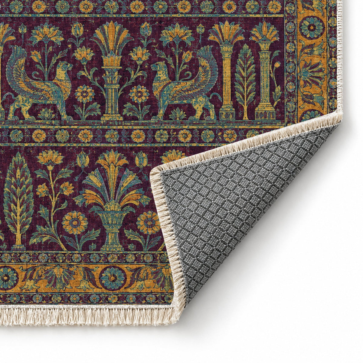 Royal Terrace Burgundy & Teal washable rug folded corner showing the backing