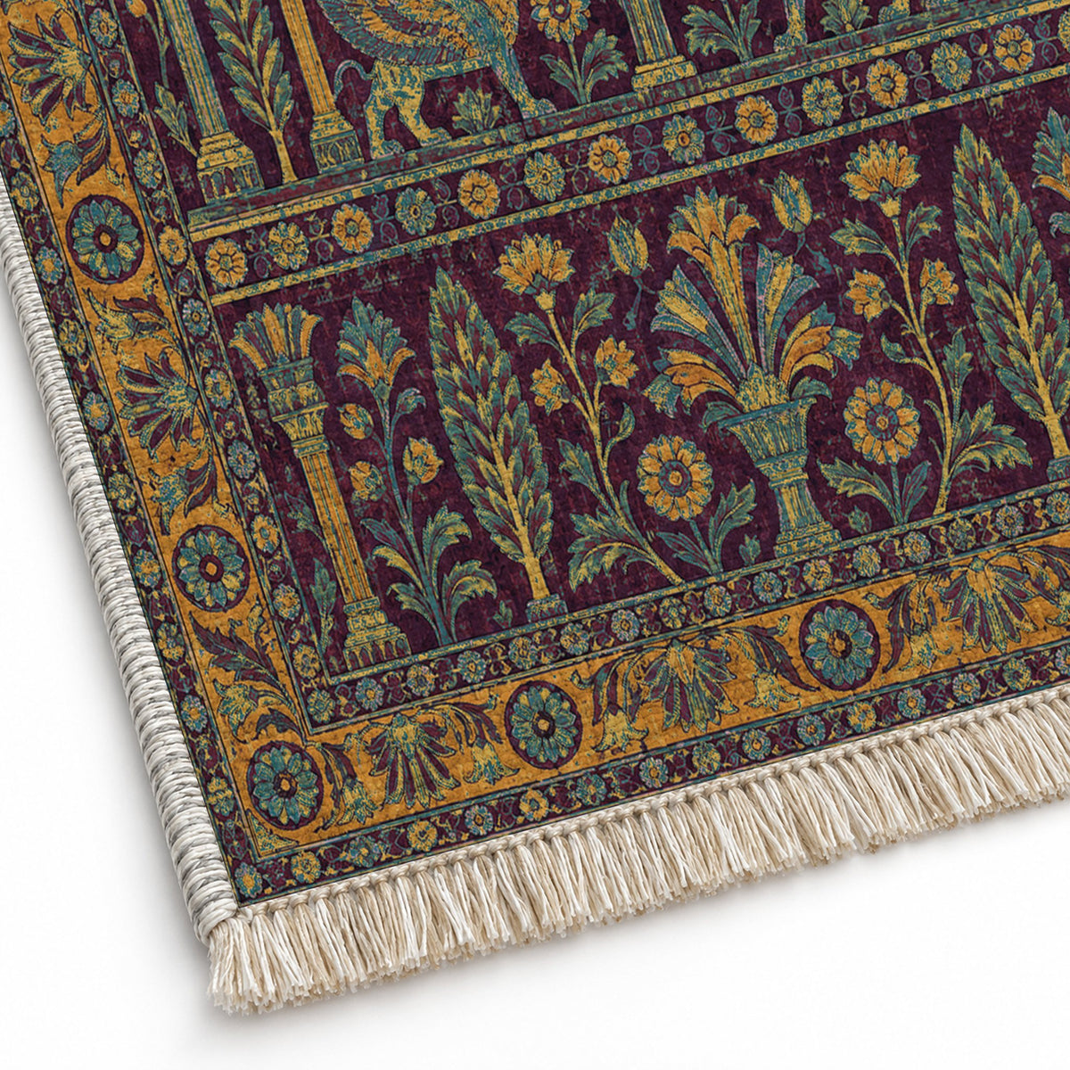 Royal Terrace Burgundy & Teal washable rug close-up of the printed chenille