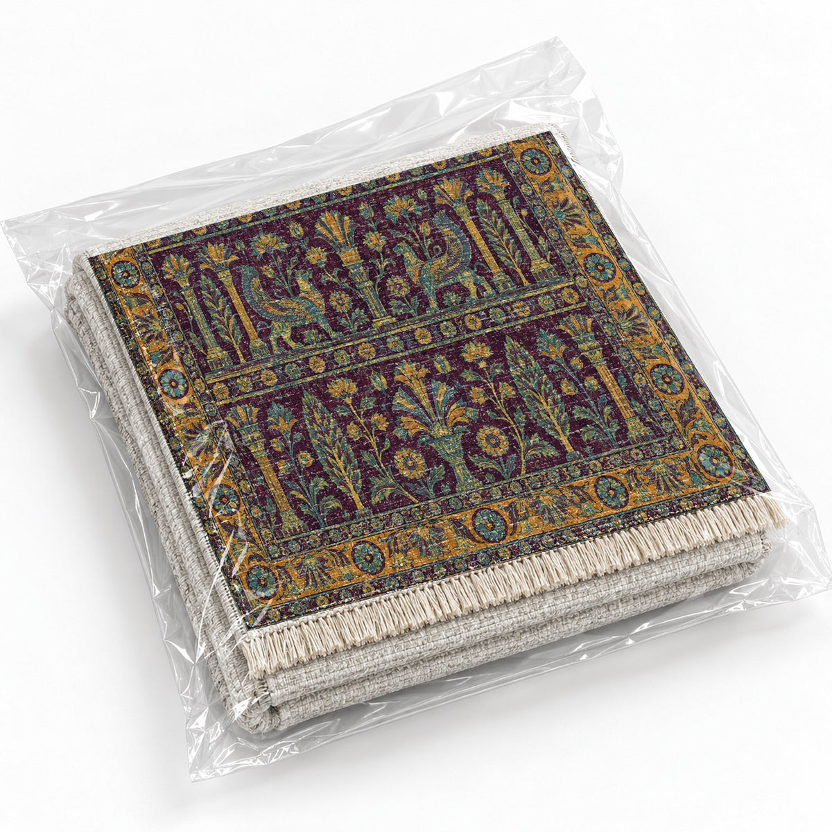 Royal Terrace Burgundy & Teal washable rug rolled and packaged