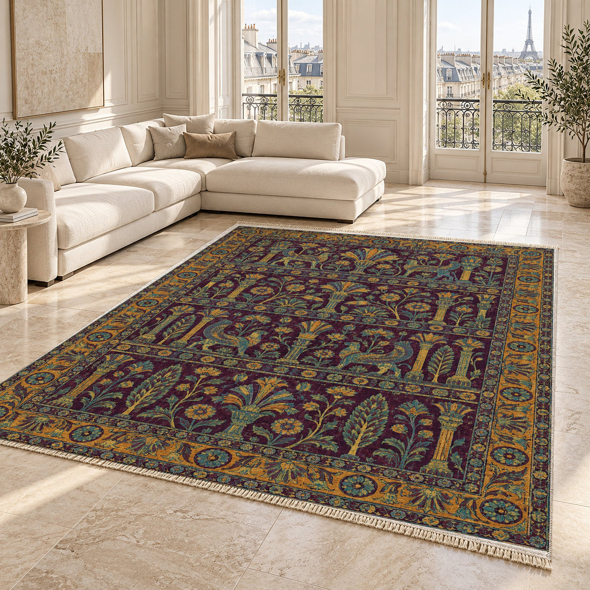 Royal Terrace Burgundy & Teal washable rug angled room view on marble