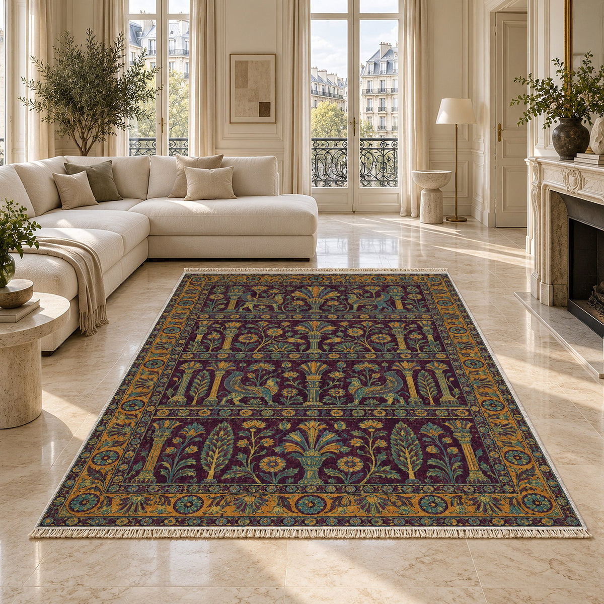 Royal Terrace Burgundy & Teal washable rug on a marble floor