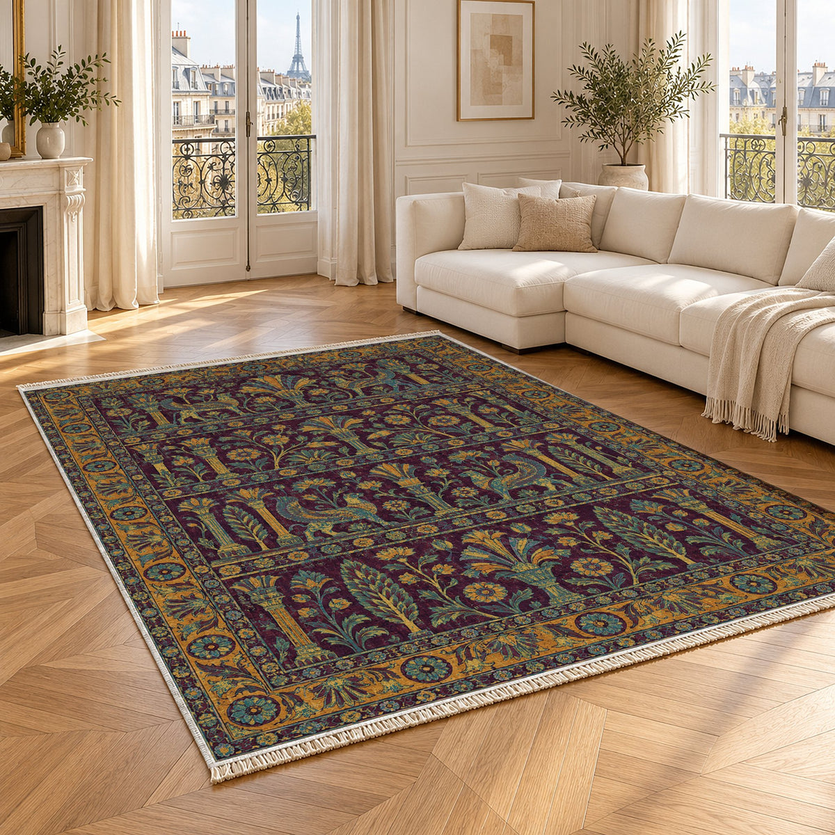 Royal Terrace Burgundy & Teal washable rug angled room view