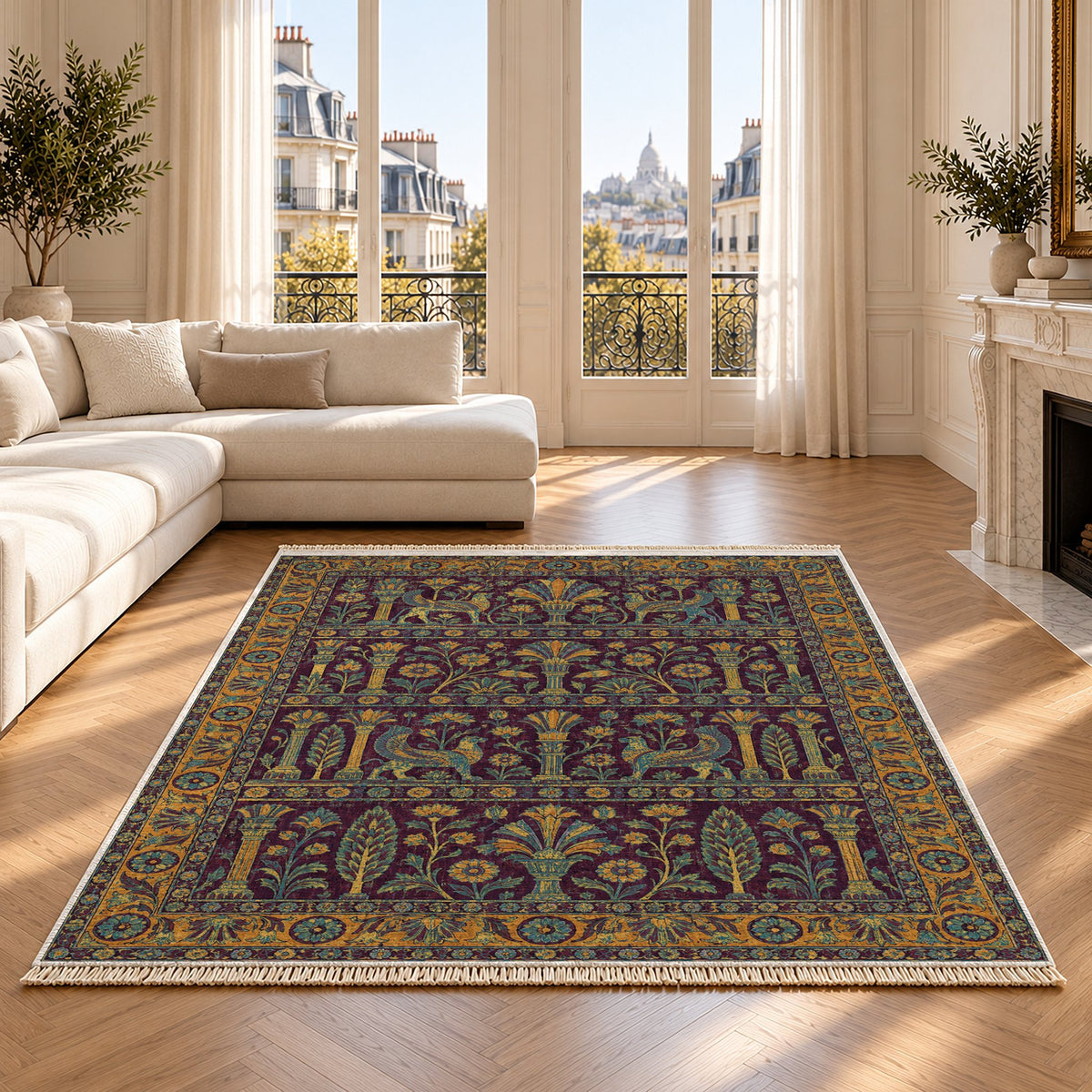 Royal Terrace Burgundy & Teal washable rug on an oak floor