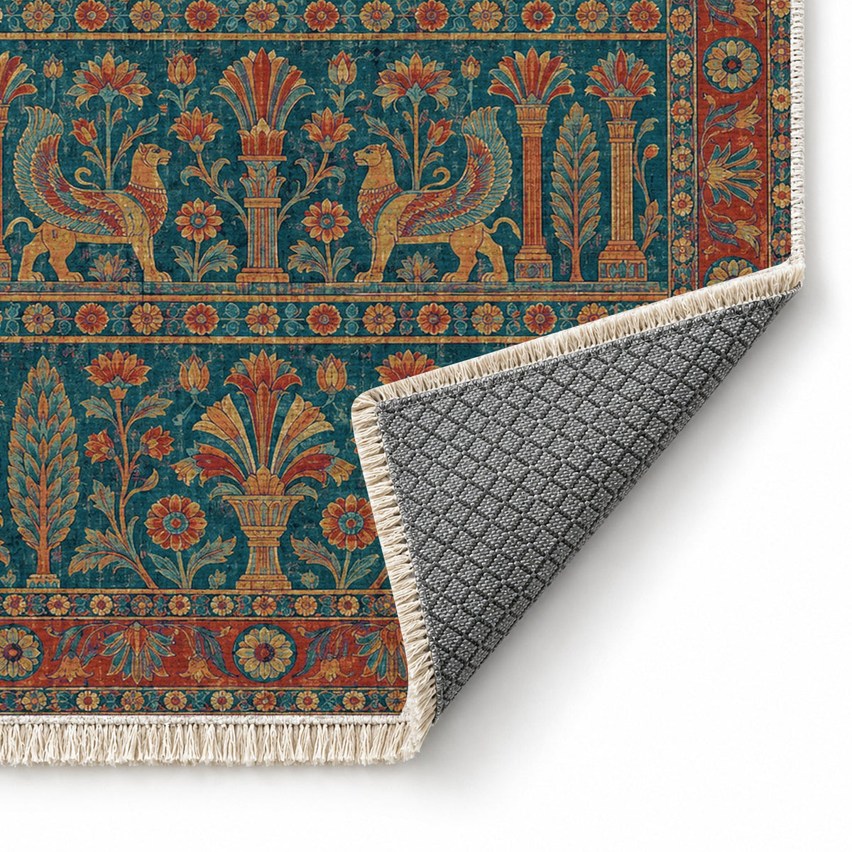 Royal Terrace Peacock & Ochre washable rug folded corner showing the backing
