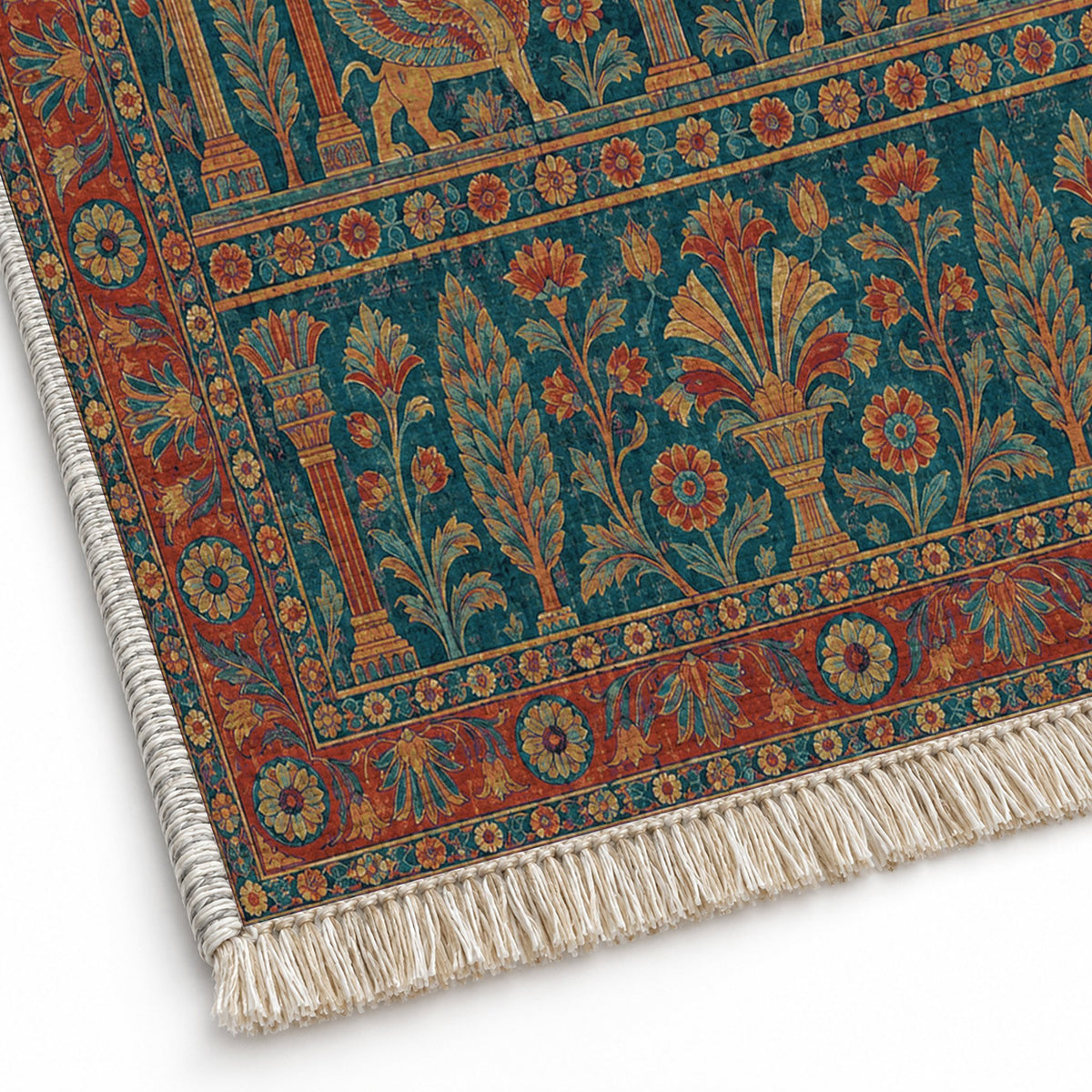 Royal Terrace Peacock & Ochre washable rug close-up of the printed chenille