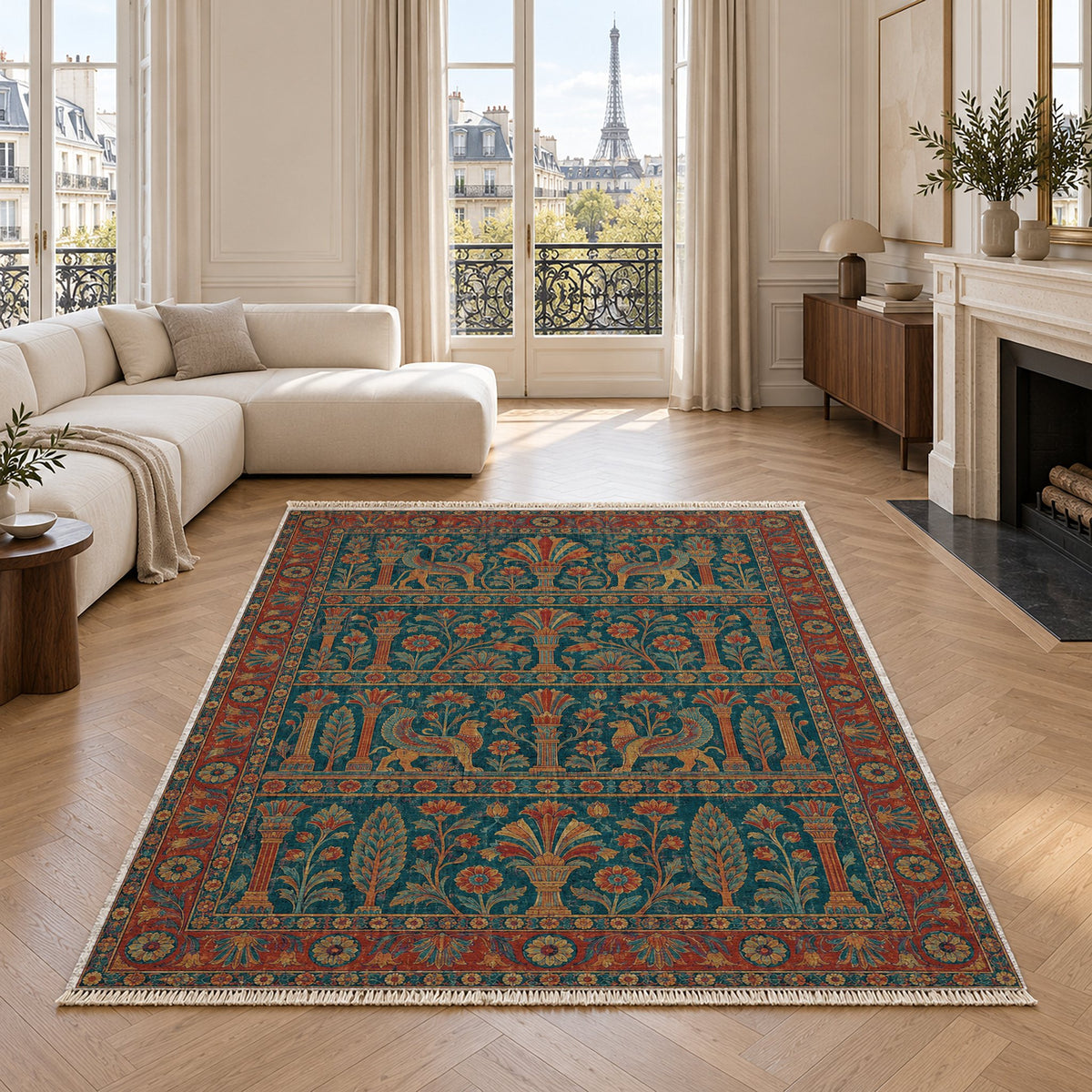 Royal Terrace Peacock & Ochre washable rug in a living room with an Eiffel Tower view